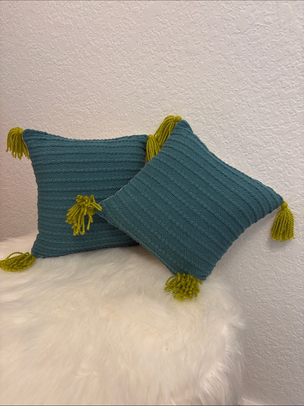 Teal Knit Throw Pillows with Chartreuse Tassels - Set of 2